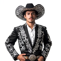 Charro in Traditional Attire: A handsome young man in a charro suit, complete with a wide-brimmed sombrero, stands proudly with hands on his hips.