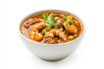 Spicy Shrimp and Meat Stew - A bowl of delicious spicy stew with shrimp and meat, garnished with fresh herbs. Perfect for a hearty meal.