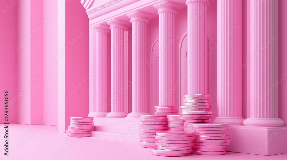 Poster a surreal pink architectural scene featuring classical columns and stacks of books, creating a whims