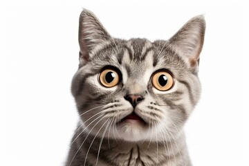 Close up of a cute gray tabby cat with wide open amber eyes and mouth slightly ajar, conveying surprise or astonishment