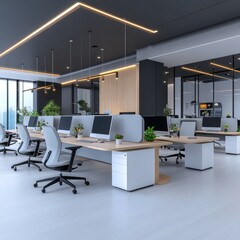 Bright and Modern Office Workspace with Desks, Chairs, and Computer Monitors on a Sunny Day Background - 3D Rendering