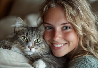 Happy Girl with Blonde Hair Cuddling Cute Gray Cat on Soft Couch with Soft Pillows in Cozy Living Room with Warm Natural Light