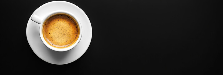 Top view of a fresh espresso in a turquoise cup on a textured dark stone surface, perfect for coffee lovers, cafe promotions, and minimalist designs