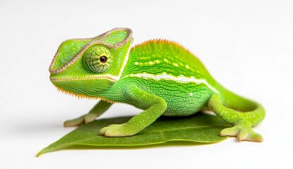 Fototapeta premium Bright green reptile perched on a leaf against a plain background. Close up studio shot showcasing intricate details and vibrant colors