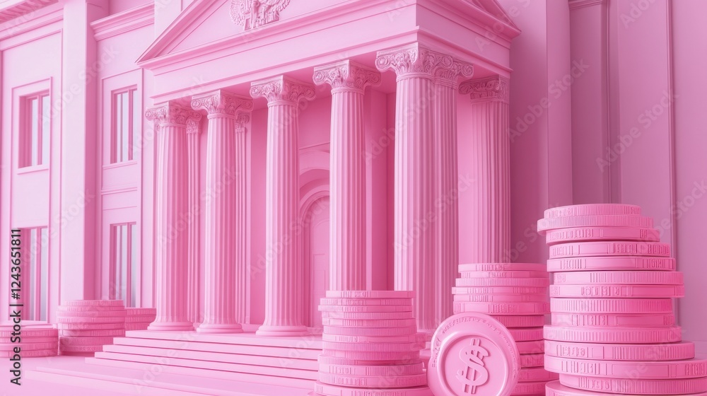 Poster a pink-themed building with columns and stacks of coins, creating a whimsical and modern financial a