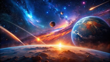 Fototapeta premium Surreal Space Photography: Earth During Meteor Shower, Cosmic Background