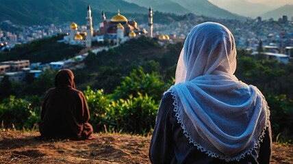 Silhouette of a devout man pray to the Allah on hill