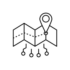 AI in GPS navigation line icon design. Implementation AI in GPS navigation sector. Map with location pin and circuits design