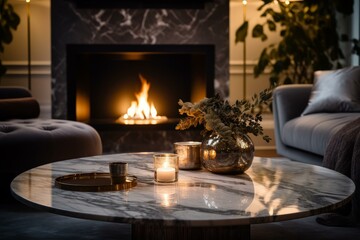 Fototapeta premium Lit candles and vase with dried flowers on marble table in elegant living room interior with burning fireplace