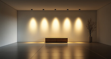 Minimalist interior design with soft lighting and a wooden bench in a modern space