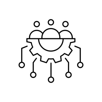 AI in HR line icon design. Implementation AI in human resources. Peoples with gear and circuit design