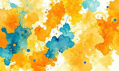 Fototapeta premium Watercolor painting of an abstract orange background with splashes of blue and yellow, creating a sense of movement and joy, painting, splashes