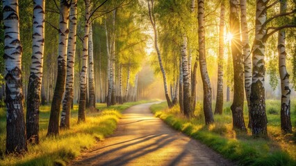 Fototapeta premium Golden Sunrise Path Through a Birch Tree Grove