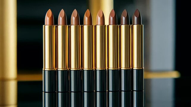 A row of luxury lipsticks in various shades on a reflective surface, ideal for beauty and fashion concepts