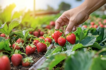 Picking ripe strawberries by hand in a sunlit farmer's garden during summer