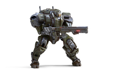 Sci-fi mech soldier stands in an attack pose holding an assault rifle with both hands. Concept of big military robot warrior in heavy green, gray scratched metal armor. 3d render on white background.