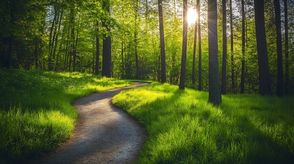 Obraz premium A winding path in a beautiful forest morning time.