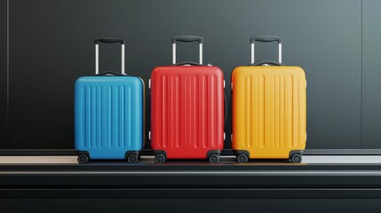 Symbolize conveyer airport and baggage. Three colorful suitcases on a sleek surface.
