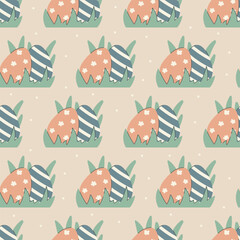 Two decorative pastel Easter eggs nestled in green leaves in grass. Vector seamless simple pattern. Soft earthy tones, hand-drawn style, perfect for spring holiday designs.