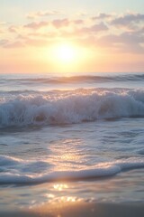 Fototapeta premium Serene Pastel Sunset over Coastal Ocean Waves, Tranquil Beach Background, Nature Seascape