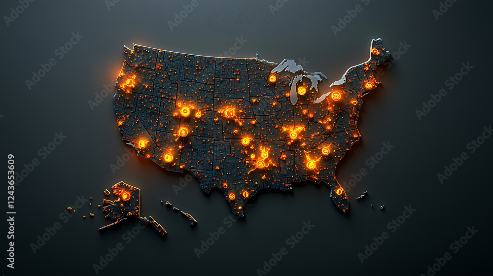 Poster illuminated map of the united states highlighting key data points digital visualization modern envir