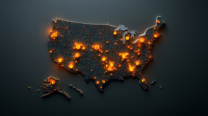 Illuminated map of the united states highlighting key data points digital visualization modern environment aerial view data analysis concept
