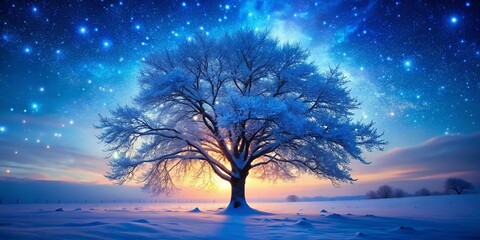 Surreal Winter Landscape: Blue Tree with Falling Snowflakes