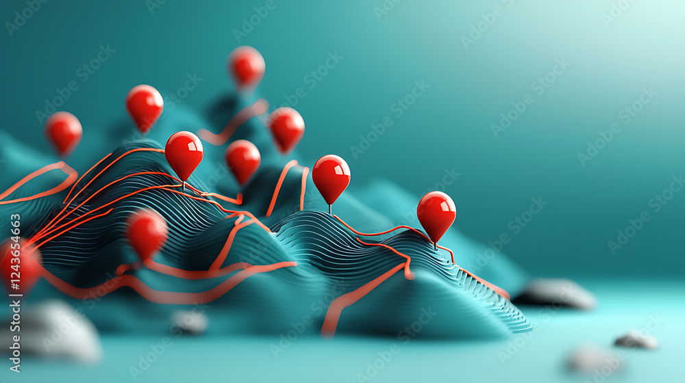 Poster exploring geographic data points on textured terrain digital landscape 3d visualization abstract art