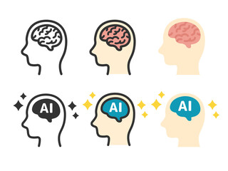 横顔と脳と人工知能（AI）のアイコンのイラストセット