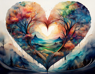 地面全体がハート型の万華鏡模様で構成され、その中に自然の要素が織り込まれているグラフィックイメージ