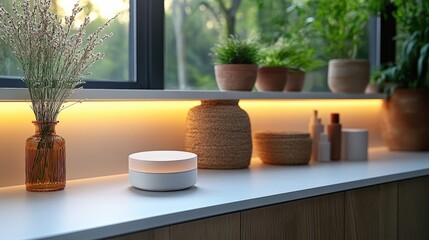 Fototapeta premium Modern interior with decorative plants and a smart device on a sleek countertop during sunset
