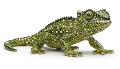Fototapeta premium Closeup of a green reptile with yellow spots on a white background. The reptile is small and detailed