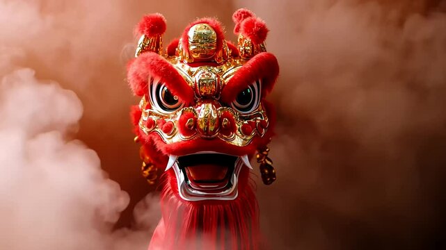 Vibrant traditional Chinese dragon head surrounded by smoke, symbolizing Lunar New Year and cultural celebrations