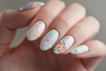 Hands with elegant Easter-themed nail art featuring bunnies and flowers