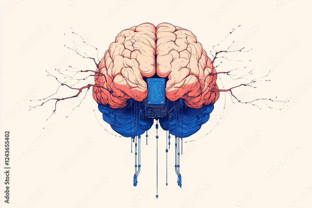 Poster cybernetic brain: abstract illustration of a human brain merging with technology, symbolized by a ce