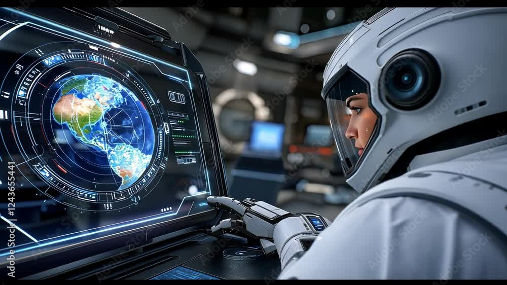 Poster an astronaut examines intricate global systems data on a high-tech console while stationed in a futu