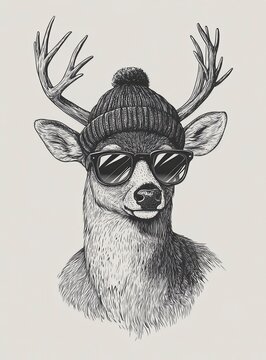 Stylized deer portrait, wearing a hat and sunglasses, monochrome pointillist style on light background