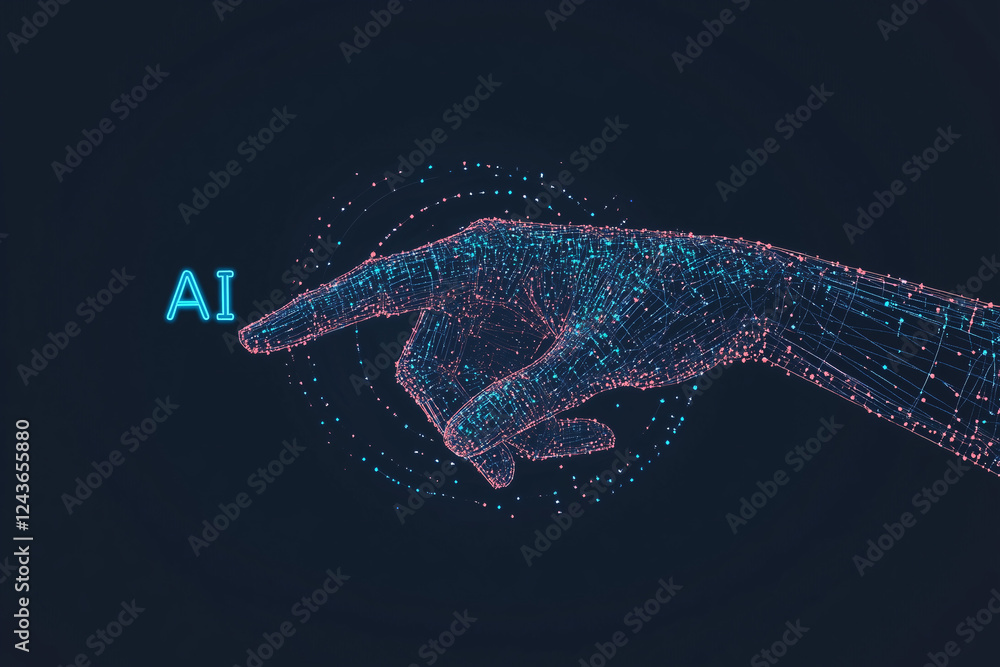 Poster ai interaction: a stylized, polygonal hand reaches towards the letters 