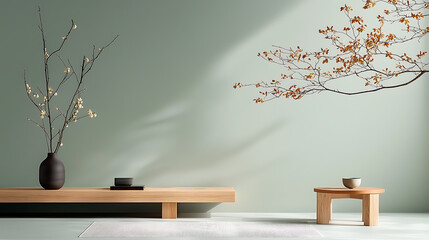 Calm minimalist interior design contemporary living space still life arrangement soft light environment artistic perspective serenity concept