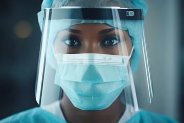 Close up portrait of a confident african american doctor wearing protective face mask and shield during pandemic, demonstrating safety measures in healthcare