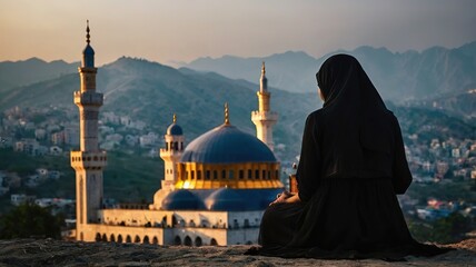 Silhouette of a devout man pray to the Allah on hill