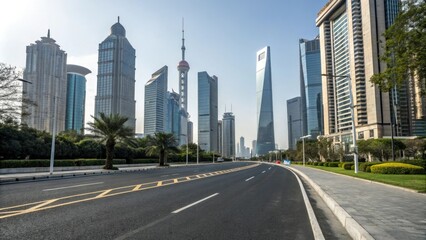 Wide asphalt road stretching through a modern cityscape with sleek skyscrapers and glass towers in the background, concrete highway, urban development, urban sprawl