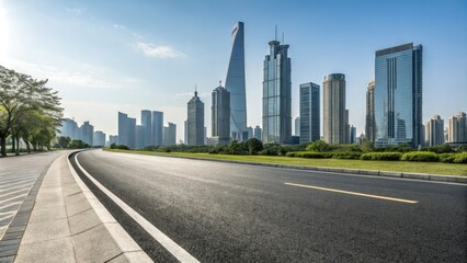 Wide asphalt road stretching through a modern cityscape with sleek skyscrapers and glass towers in the background, urban development, city streets
