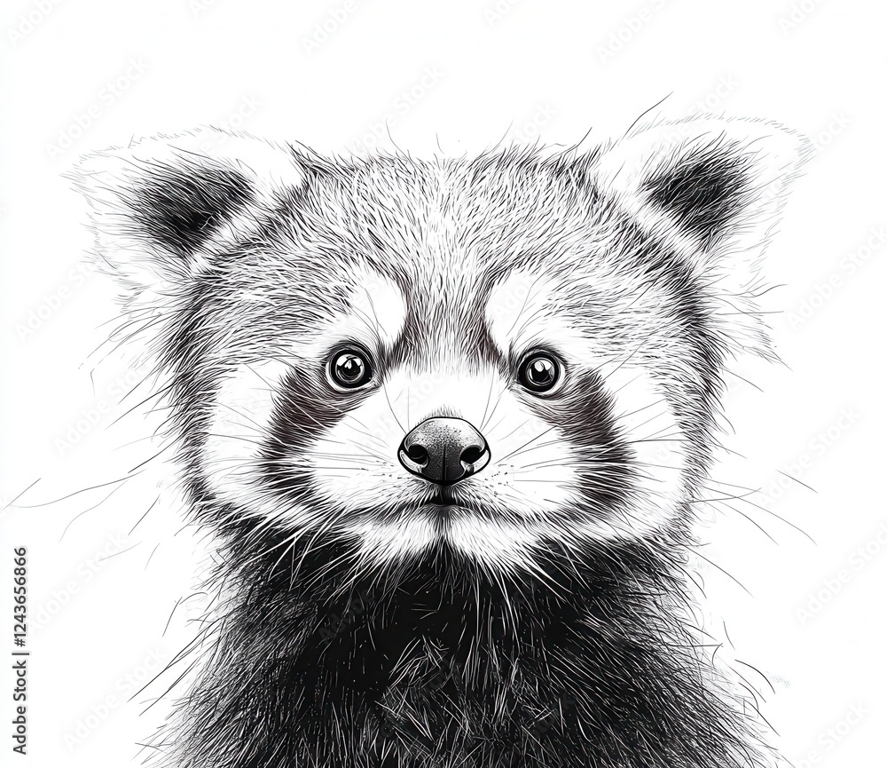Poster black and white illustration of a red panda cub. the image is created with a stippled effect, giving