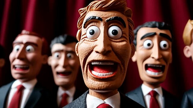 Colorful caricatured puppets in suits express excitement, ideal for political satire or comedy themes