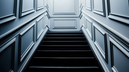 Obraz premium Vintage-inspired Victorian mansion in soft blue tones, featuring intricate moldings and a welcoming staircase, ideal for historical concepts