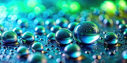 Aqua spheres glistening, reflecting vibrant lights on a wet surface