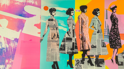 Retro Fashion Collage: Four Stylish Women in Vibrant Colors 