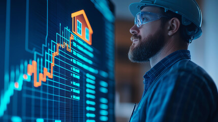 Man in hard hat analyzing housing market data on digital screen