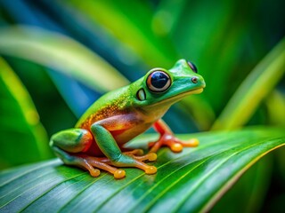 Obraz premium Tiny Coqui Frog Camouflaged on Lush Green Leaf - Rainforest Wildlife Stock Photo